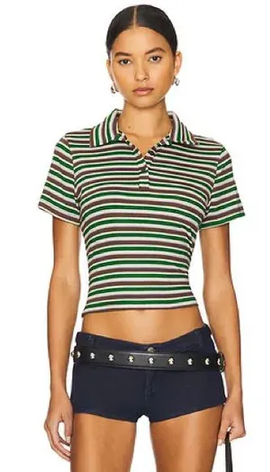 NEW Jaded London Mila Striped Short Sleeve Polo Shirt in Green Multi thumbnail 1