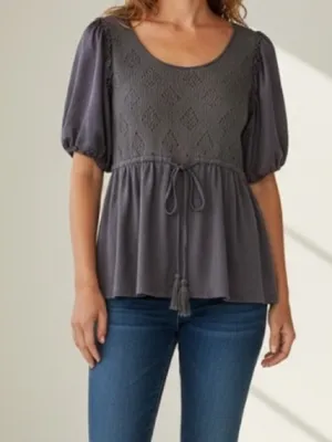 Anthropologie Deletta Elegant Blue puff sleeve belted tassle Top silk cotton thumbnail 4