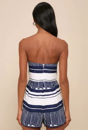Lulu's Navy & White Strapless Tie-Front Romper thumbnail 3