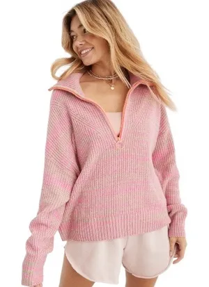 Aerie Space Dye Quarter Zip Sweater Wool Blend Lip Gloss Pink Orange Zipper L thumbnail 1