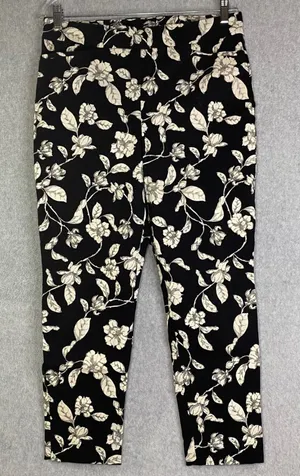 Chico's Floral Slim Ankle‎ Pants Women's Size 2R (US 12)Black Cream Stretch EUC thumbnail 1