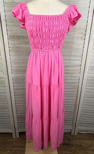BY THE RIVER (Anthropologie) Boho Smocked Tiered Maxi Dress w Eyelet Hem Pink-L thumbnail 1