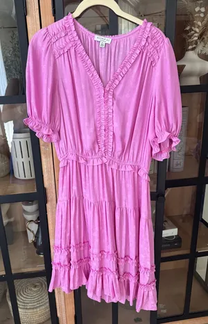 Current Air Gigi mini dress orchid short puff sleeves ruffle textured floral thumbnail 1