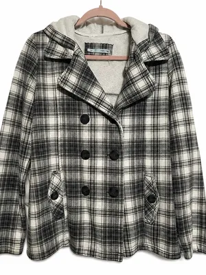maurices Plaid Double Breasted Hooded Pea Coat Jacket Women's Size L thumbnail 2