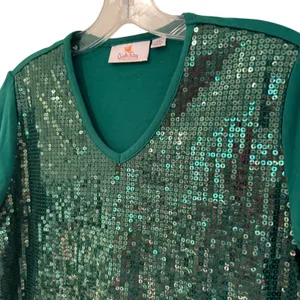 Quacker Factory Sequin V-Neck 3/4‎ Sleeve Glam Top Womens XS Green Holiday Party thumbnail 2