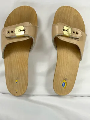 Vintage Dr. Scholl's Pescura Wood Sandals Tan Leather Italy Size 7 Original thumbnail 9