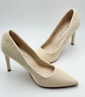 Tahari Cream NIAGRA Vegan Leather 3.75” Woven Upper Stiletto Heels thumbnail 1