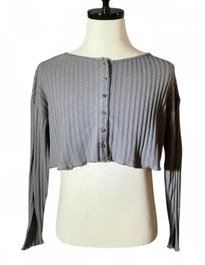 Out From Under Waffle Ribbed Cropped Cardigan Sweater Gray Long Sleeve‎ XS thumbnail 1