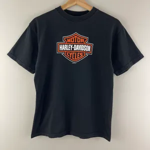 Harley Davidson Vintage Y2K Black Orange Large Emblem Logo Moto Graphic Tee thumbnail 2