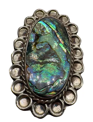 Vintage Mexican Sterling Silver Abalone Shell Statement Ring Oval Size 8‎ thumbnail 1