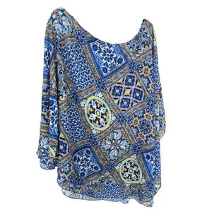 Show Me Your Mumu Tunic Top Large Blue Yellow Tile Print Flutter Sleeve‎ Sheer L thumbnail 4