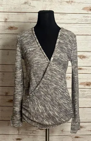 Free People taupe cotton/linen V surplice wrap front marled knit sweater Size S thumbnail 1