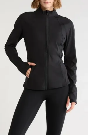 Yogalicious Black Contour Performance Zip-Up Jacket Thumbholes thumbnail 1