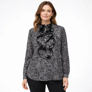 Ralph Lauren Black White Paisley‎ Ruffle Front Long Sleeve Cotton Blouse Size XL thumbnail 2