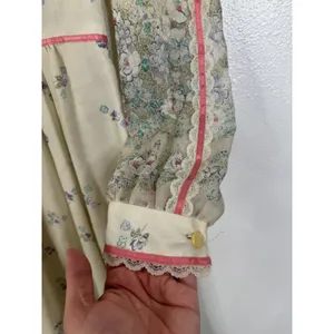 Vintage 70s Floral Prairie Maxi Dress Lace Trim Cottagecore Sheer Sleeve Cream thumbnail 4