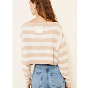 We The Free Into The Blue Striped Sweater Crop Small Tan Cream Granola Cozy Fall thumbnail 12