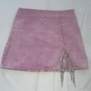 Sparkle Rhinestone Fringe Pink Denim Mini Skirt. Women’s Large-High Waisted thumbnail 3