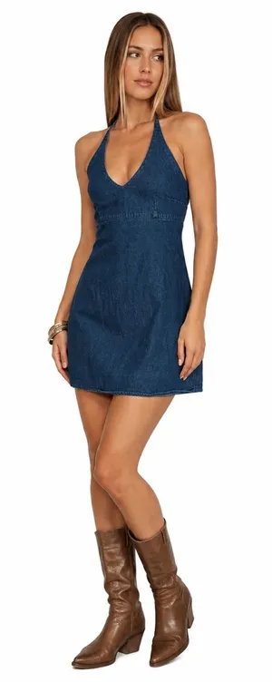 Vintage Y2K Old Navy Blue Jeans Denim Halter Mini Dress Size 4 00s Streetwear thumbnail 1