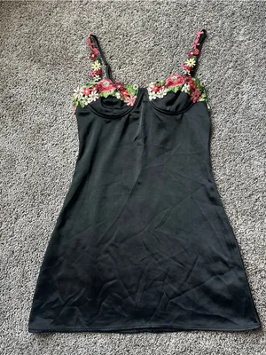 NanaMacs Black Mini Dress with Pink & Green Floral Appliqué thumbnail 1