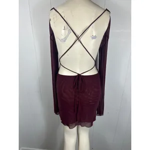 Edikted Lace Up Mesh Mini Dress In Burgandy. Size M NWOT thumbnail 6