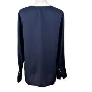 Theory Silk MED Navy Blue Keyhole Tie Front Cuffed Sleeve Blouse Tunic Minimal thumbnail 4