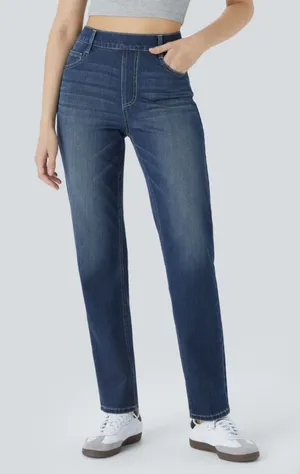 Halara Dark Medium Wash Straight Leg Pull On Elastic Waist Jeans Size XL thumbnail 1