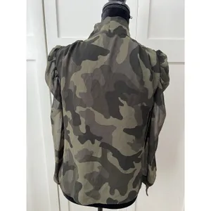 White House Black Market Camo Tie Neck‎ Puff Shoulder Blouse XXS Olive Green thumbnail 2