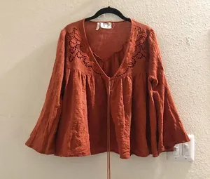 PPLA Boho hippie indie bohemian festival burnt orange bell flounce sleeve v-neck top blouse w/tassels Similar to free people, anthropologie thumbnail 1