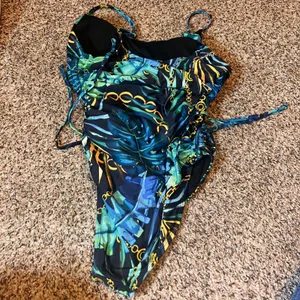 Tropical One Piece Swimsuit Chain Detail Ruched Tie Side Bathing Suit‎ L thumbnail 2