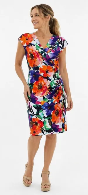Lauren Ralph Lauren Floral Ruched Sheath Dress Orange Purple Blue Size‎ 8 thumbnail 1