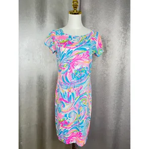Lilly Pulitzer Pink Blue Floral Shift Dress Short Sleeve Knit Boat Neck Size M thumbnail 3