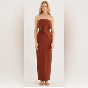 Revolve Rumer Roam Bandana‎ Maxi Linen Chocolate Brown Cutouts Dress Med NWT thumbnail 3