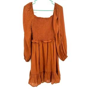 Peach Love Sz Small Dress Brown Ruched Elastic Back Long‎ Sleeve Cottagecore NWT thumbnail 2