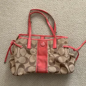 Coach Tan and Red Signature Canvas Shoulder Bag E1361-F21949 Fair Condition thumbnail 1
