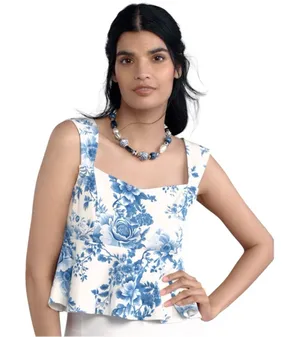 Anthropologie Maeve Square-Neck Peplum Blue and‎ White Fitted Crop Top Size L thumbnail 1
