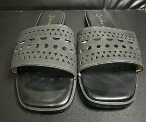 Journee Black Laser-Cut Slide Sandals thumbnail 1
