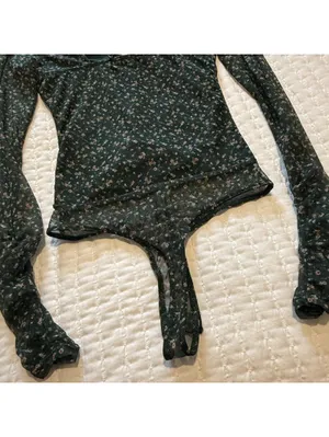 Lulus Bodysuit Long Sleeve Sz S Small Green Floral Mesh Sweetheart Neckline NWT thumbnail 12