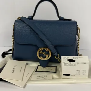 Gucci GG Interlocking Navy Leather Satchel with Gold Chain Made in Italy thumbnail 2