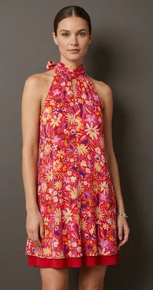 ANDRÉE BY UNIT Red & Pink Floral Tie-Neck Dress thumbnail 1