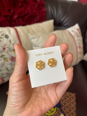Tory Burch MILGRAIN LOGO HEX Gold tone PLATED STUD EARRINGS NWT in dust bag thumbnail 3