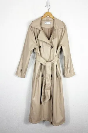 ASOS DESIGN Tan Faux Leather Trench Coat Size 12 Long Preppy Chic Minimalist thumbnail 3