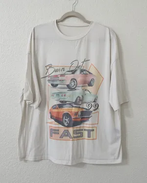 Vintage Style Burn Out '99 Fast Muscle Car Graphic Tee White Oversized T-Shirt thumbnail 1