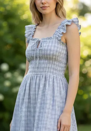 Wayf Blue and White Gingham Smocked Mini Dress with Ruffle Straps thumbnail 1