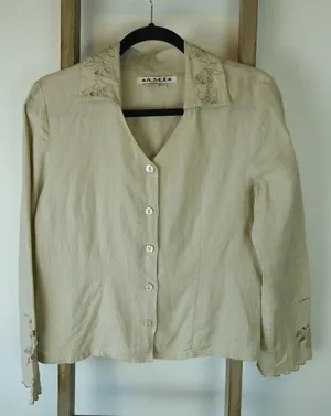 Vintage AMI 100% Linen Tan Embroidered Floral Button Up Long Sleeve Womens M thumbnail 1