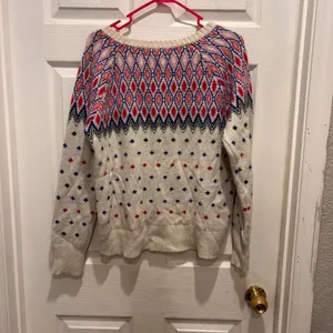 American Eagle Fair Isle Metallic Knit Sweater Womens Large Cream Red Blue L thumbnail 4