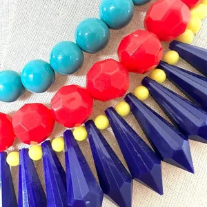 Yellow beaded red and green and blue statement necklace thumbnail 5