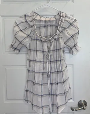 Mine Plaid Puff Sleeve Tie Front Babydoll Blouse M thumbnail 1