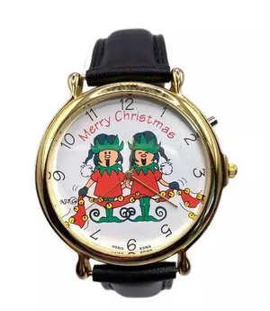 Vintage Christmas Watch Gold Tone Genuine Leather Band Holiday Elves New Battery thumbnail 1