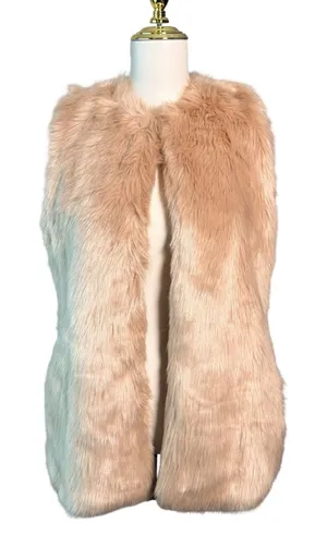 Zara Trafaluc Womens M Blush Pink Beige Faux Fur Vest Longline Gilet Boho Winter thumbnail 1