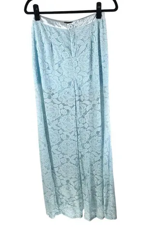 PrettyLittleThing Womens Pants Wide Leg Lace Satin Sheer Light Blue 6 thumbnail 1